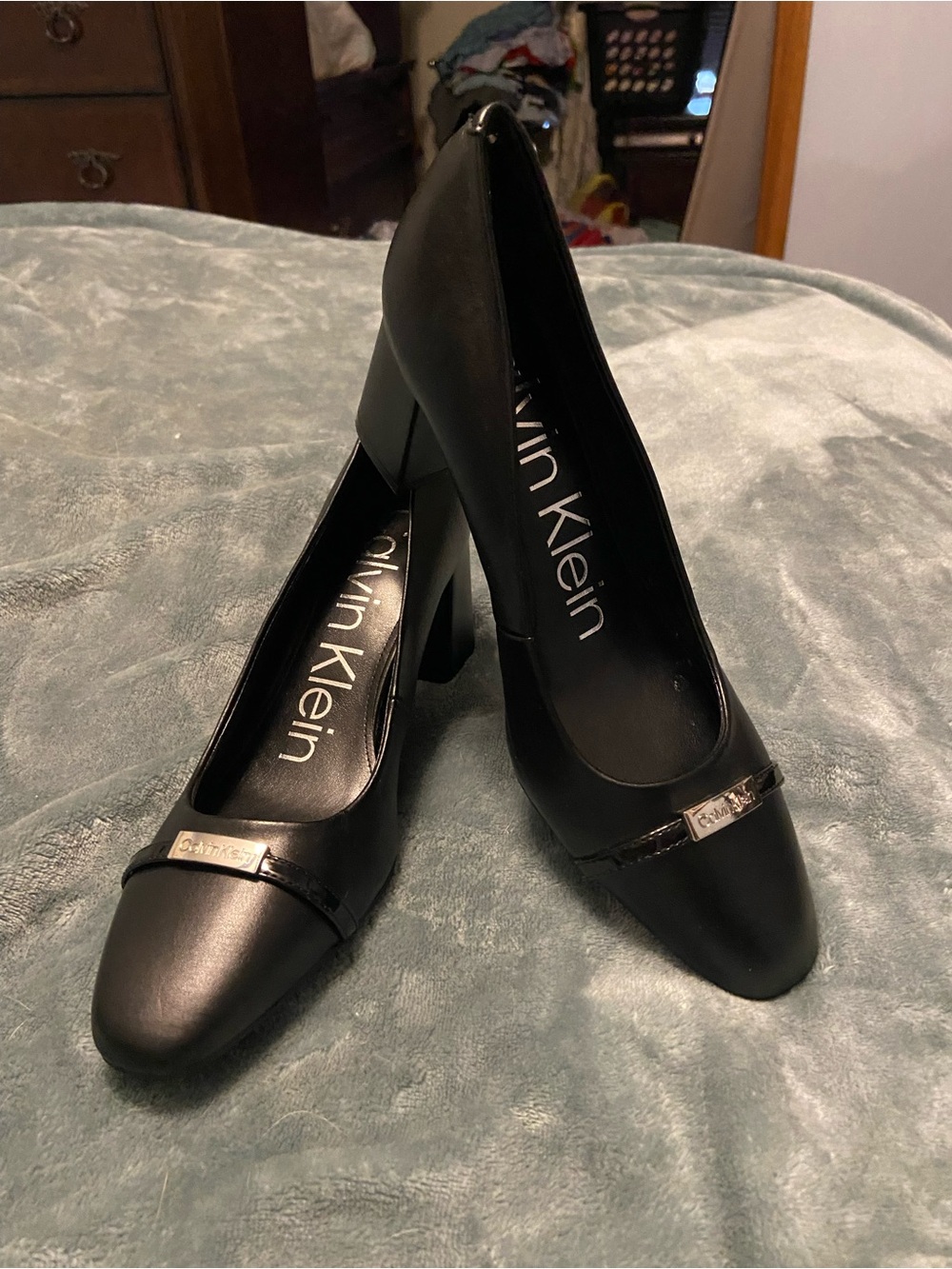 Calvin Klein Black Block Heel Pumps with Metallic Logo Accent